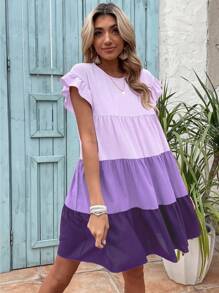 SHEIN LUNE 撞色荷葉袖荷葉邊娃娃裙 - 紫色 - 查看 3
