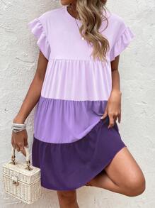 SHEIN LUNE 撞色荷葉袖荷葉邊娃娃裙 - 紫色 - 查看 4