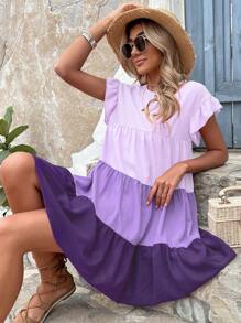 SHEIN LUNE 撞色荷葉袖荷葉邊娃娃裙 - 紫色 - 查看 5