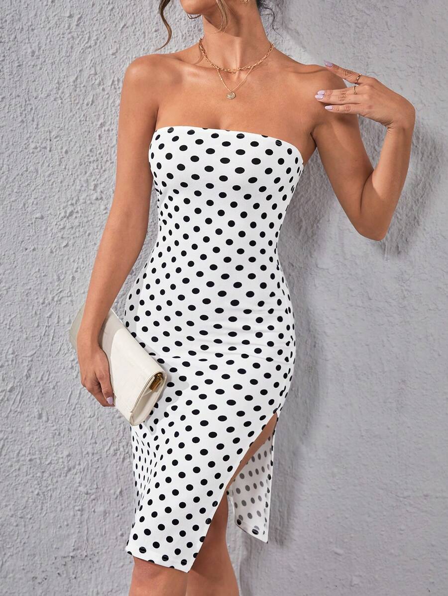 SHEIN Privé Đầm Tách cao Chấm bi Gợi cảm - Đen và trắng - Xem 1