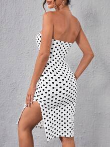 SHEIN Privé Đầm Tách cao Chấm bi Gợi cảm - Đen và trắng - Xem 2