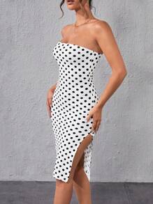 SHEIN Privé Đầm Tách cao Chấm bi Gợi cảm - Đen và trắng - Xem 3