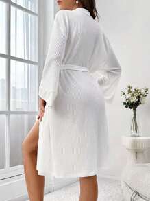Drop Shoulder Belted Lounge Robe, For Fall & Winter, Cozy Outfit - White - View 2