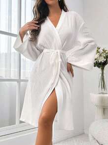 Drop Shoulder Belted Lounge Robe, For Fall & Winter, Cozy Outfit - White - View 3