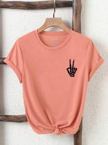 SHEIN LUNE 骷髏手掌圖案T恤 - 珊瑚粉 - 查看 1