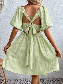 SHEIN Frenchy Tie Backless Puff Sleeve Dress - Green - View 4