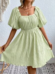 SHEIN Frenchy Tie Backless Puff Sleeve Dress - Green - View 5