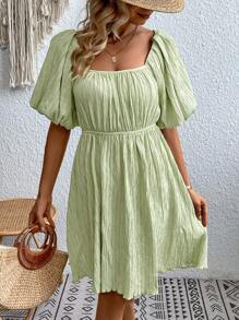 SHEIN Frenchy Tie Backless Puff Sleeve Dress - Green - View 6