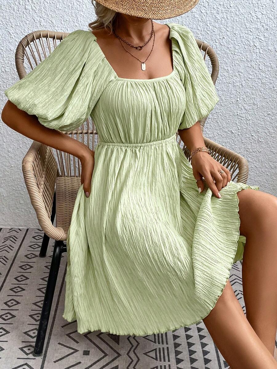 SHEIN Frenchy Tie Backless Puff Sleeve Dress - Green - View 1