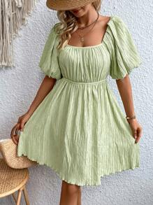 SHEIN Frenchy Tie Backless Puff Sleeve Dress - Green - View 2