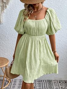 SHEIN Frenchy Tie Backless Puff Sleeve Dress - Green - View 3
