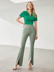 MOTF PREMIUM Quần xẻ trước ống loe - Màu xanh Bạc hà - Xem 7