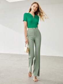 MOTF PREMIUM Quần xẻ trước ống loe - Màu xanh Bạc hà - Xem 9