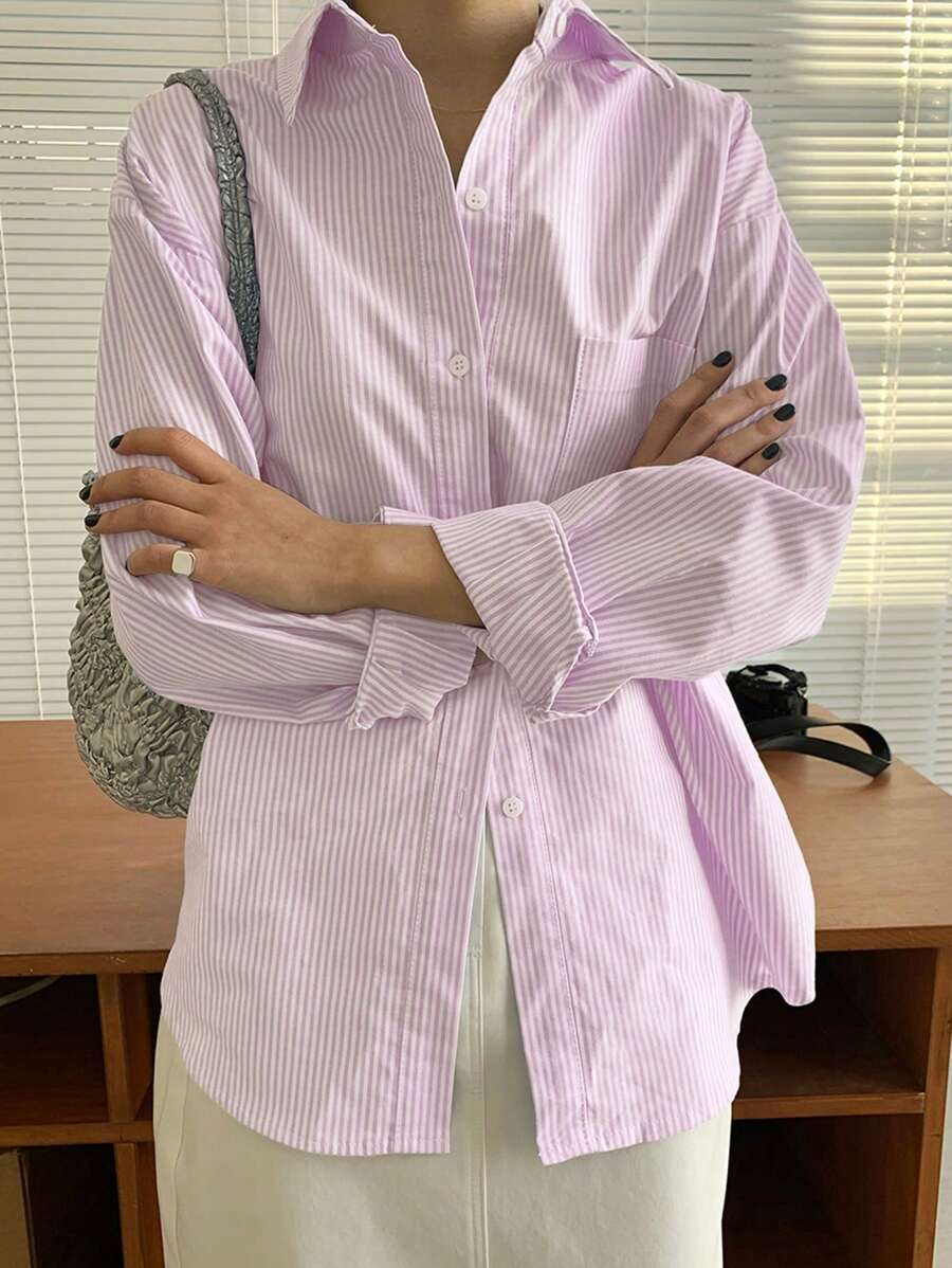 DAZY Vertical Striped Drop Shoulder Pocket Patched Shirt,Fall Clothes Long Sleeve Top - Baby Pink - View 1