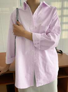 DAZY Vertical Striped Drop Shoulder Pocket Patched Shirt,Fall Clothes Long Sleeve Top - Baby Pink - View 5