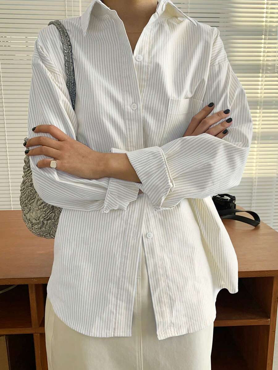 DAZY Vertical Striped Drop Shoulder Pocket Patched Shirt,Long Sleeve Tops,Fall Clothes - Khaki - View 1