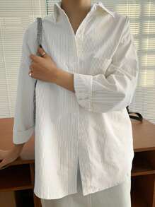 DAZY Vertical Striped Drop Shoulder Pocket Patched Shirt,Long Sleeve Tops,Fall Clothes - Khaki - View 4