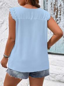 Plus Eyelet Embroidery Scallop Trim Blouse - Blue - View 2