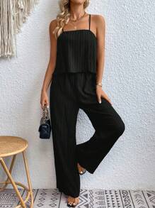 SHEIN Privé 素色吊帶連體褲 - 黑色 - 查看 2