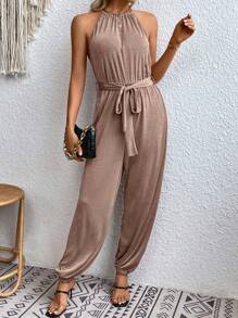 SHEIN VCAY Solid Belted Halter Jumpsuit