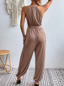 SHEIN VCAY Solid Belted Halter Jumpsuit