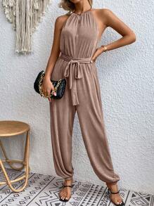 SHEIN VCAY Solid Belted Halter Jumpsuit