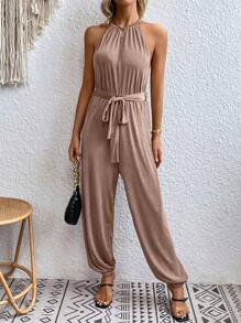 SHEIN VCAY Solid Belted Halter Jumpsuit