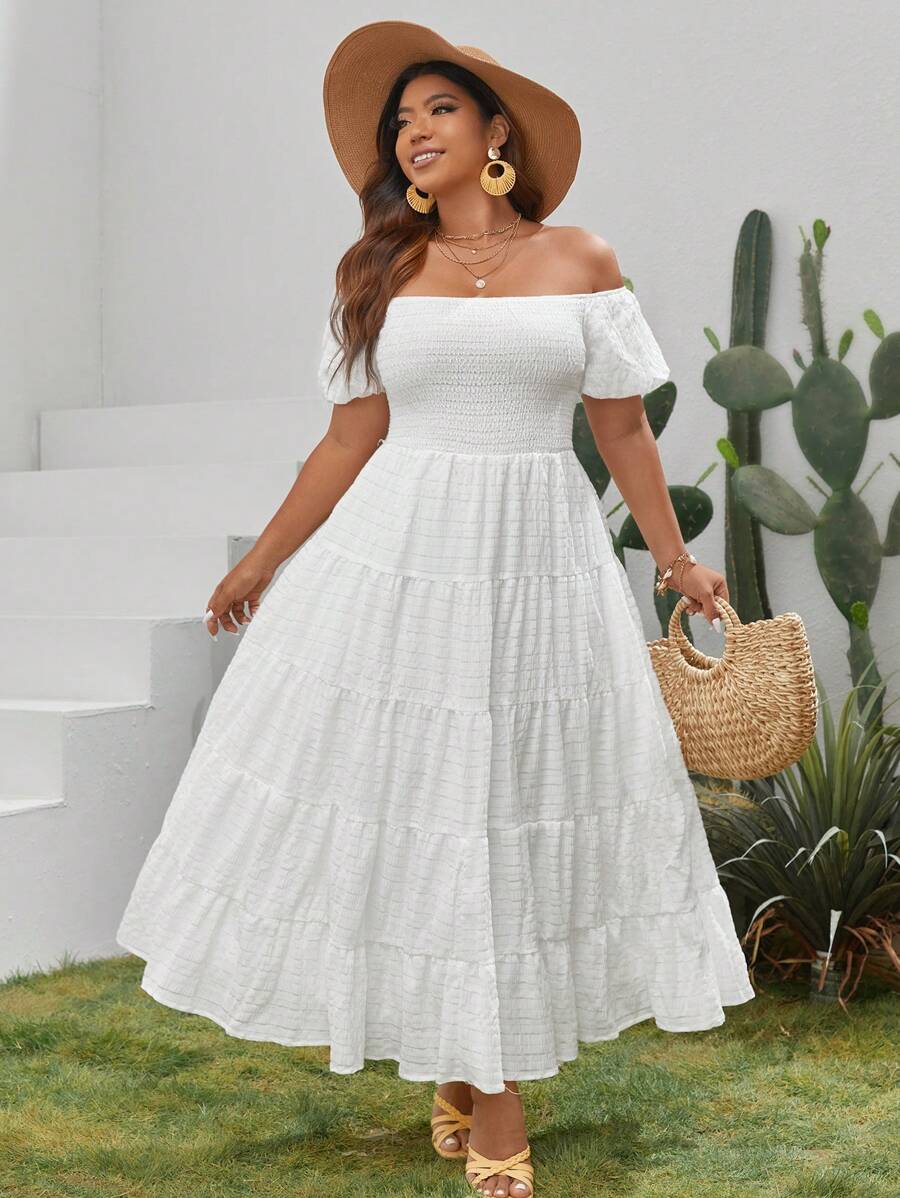 SHEIN VCAY Plus Off Shoulder Ruffle Hem Dress - White - View 1