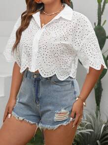 SHEIN VCAY 大碼網眼刺繡貝殼邊落肩袖襯衫 - 白色 - 查看 4