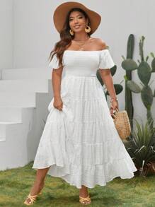 SHEIN VCAY Plus Off Shoulder Ruffle Hem Dress - White - View 3