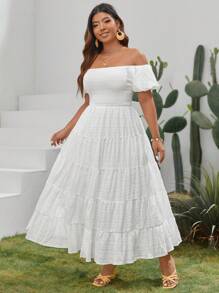 SHEIN VCAY Plus Off Shoulder Ruffle Hem Dress - White - View 4