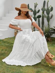 SHEIN VCAY Plus Off Shoulder Ruffle Hem Dress - White - View 5