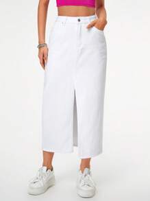 High Waist Split Thigh Denim Skirt - White - View 1