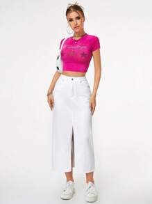 High Waist Split Thigh Denim Skirt - White - View 3