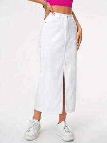 High Waist Split Thigh Denim Skirt - White - View 4