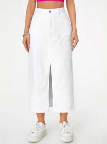High Waist Split Thigh Denim Skirt - White - View 5