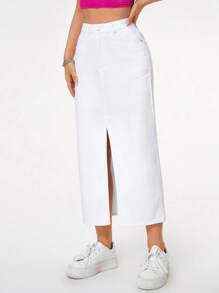 High Waist Split Thigh Denim Skirt - White - View 6