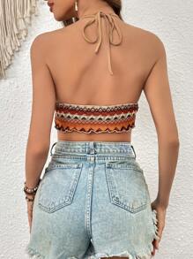 Soleia Geo Print Tie Backless Hanky Hem Halter Top