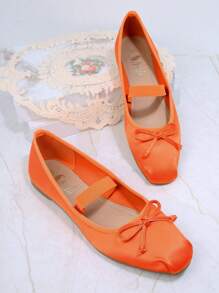 Satin Bow Detail Slip On Ballet Flats - Orange - View 2