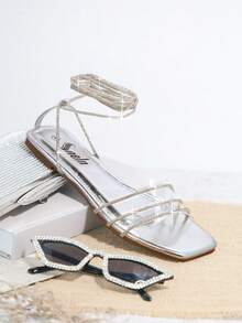 金屬質感PU皮革方頭繫帶平底涼鞋 - 銀色 - 查看 2