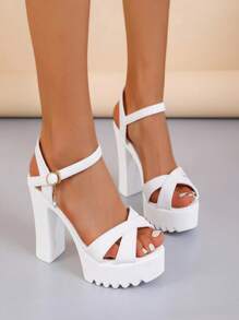 女士交叉踝帶防水台粗跟涼鞋,優雅白色高跟涼鞋 - 白色 - 查看 1