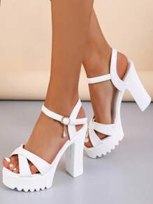 女士交叉踝帶防水台粗跟涼鞋,優雅白色高跟涼鞋 - 白色 - 查看 3