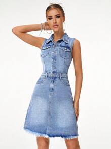 SHEIN Essnce 翻蓋口袋毛邊牛仔裙 - 中等水洗藍 - 查看 1