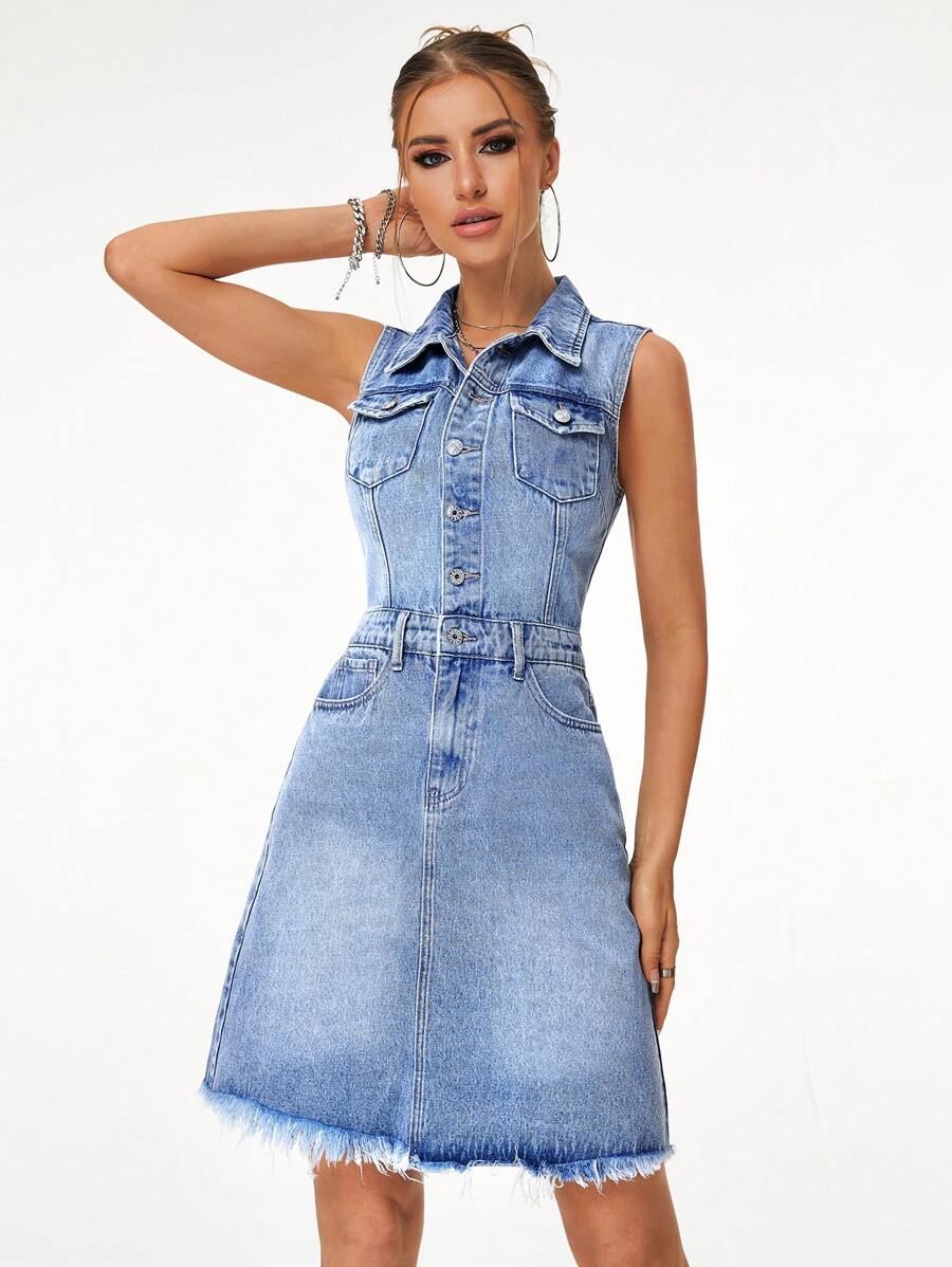 SHEIN Essnce 翻蓋口袋毛邊牛仔裙 - 中等水洗藍 - 查看 1