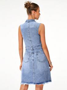 SHEIN Essnce 翻蓋口袋毛邊牛仔裙 - 中等水洗藍 - 查看 2