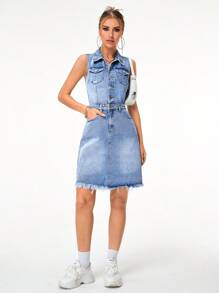 SHEIN Essnce 翻蓋口袋毛邊牛仔裙 - 中等水洗藍 - 查看 6