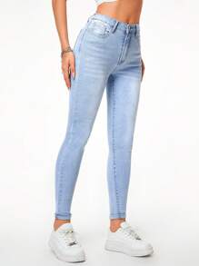 斜口袋緊身牛仔褲 - 淺色水洗藍 - 查看 6