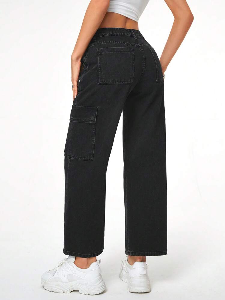 SHEIN EZwear Jeans cargo con bolsillo lateral con solapa - Negro - Añade 3