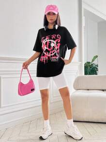 SHEIN Coolane Đồ họa hoạt hình và khẩu hiệu Áo thun Thả vai - màu đen - Xem 3