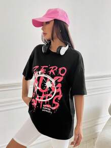 SHEIN Coolane Đồ họa hoạt hình và khẩu hiệu Áo thun Thả vai - màu đen - Xem 4